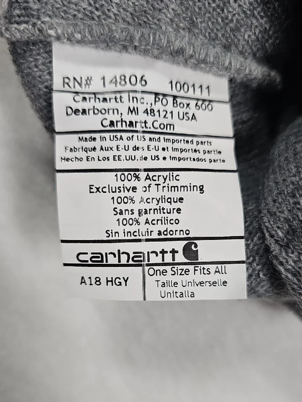 Carhartt A18 Watch Hat Beanie Heather Gray Beast Nation Patch Mens OSFA New